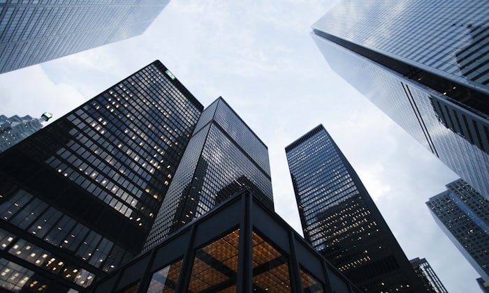 High-rise office towers photographed from ground level