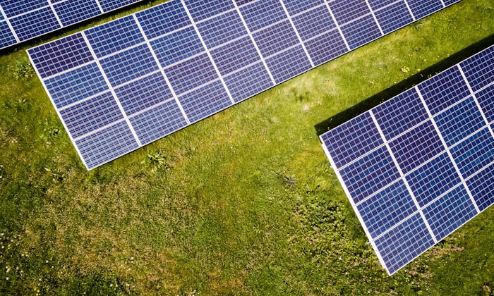 Rows of solar panels installed in an open field