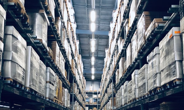 Warehouse storage racking stocked with packaged goods